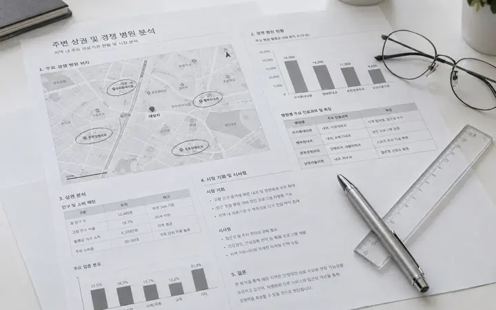 동네 지도와 막대그래프가 인쇄된 흑백 분석 자료 위에 펜과 자가 놓인 책상