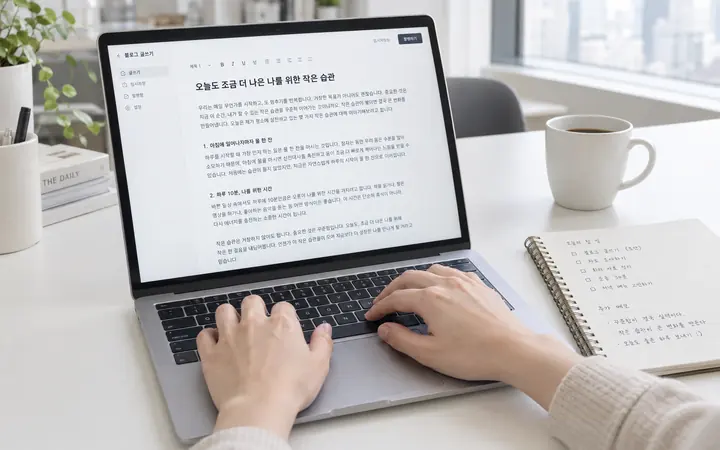 노트북으로 블로그 원고를 쓰는 손과 옆에 놓인 메모 노트