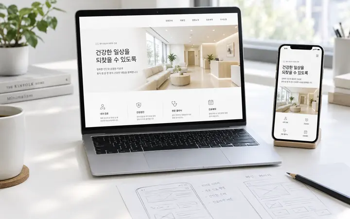 같은 병원 홈페이지 시안을 띄운 노트북과 스마트폰, 옆의 화면 설계 스케치