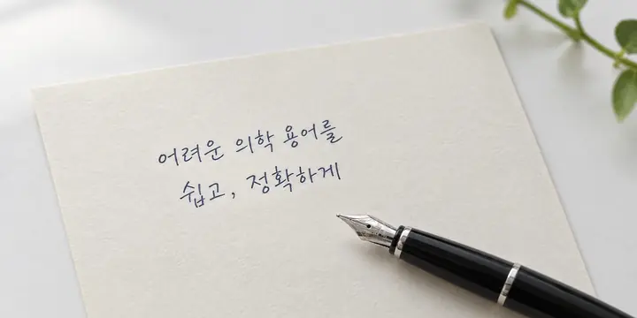 ‘어려운 의학 용어를 쉽고, 정확하게’라고 손으로 적은 메모와 만년필