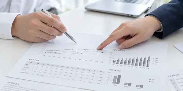 두 사람의 손이 출력한 자료의 그래프를 함께 짚으며 검토하는 모습
