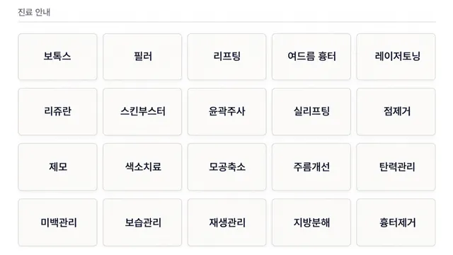 진료 안내 화면에 보톡스·필러·리프팅·여드름 흉터·레이저토닝·리쥬란·스킨부스터·윤곽주사·실리프팅·점제거 등 스무 개 진료가 모두 같은 크기의 카드로 똑같이 놓여 있어 대표 진료가 보이지 않는 화면