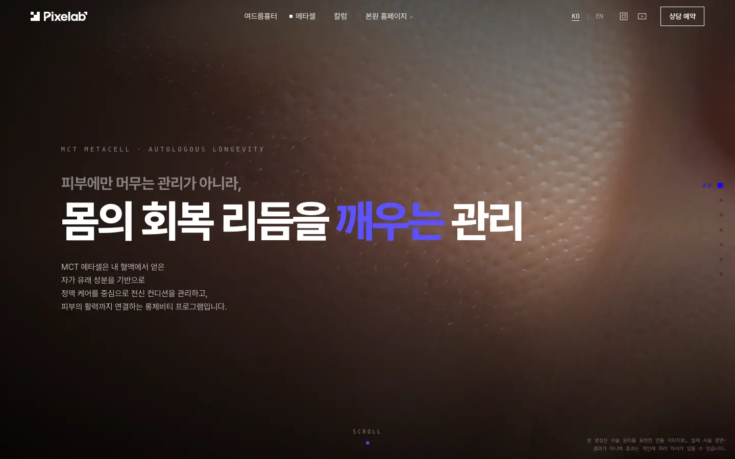 픽셀랩성형외과 메타셀 페이지를 위에서 아래로 스크롤하는 화면
