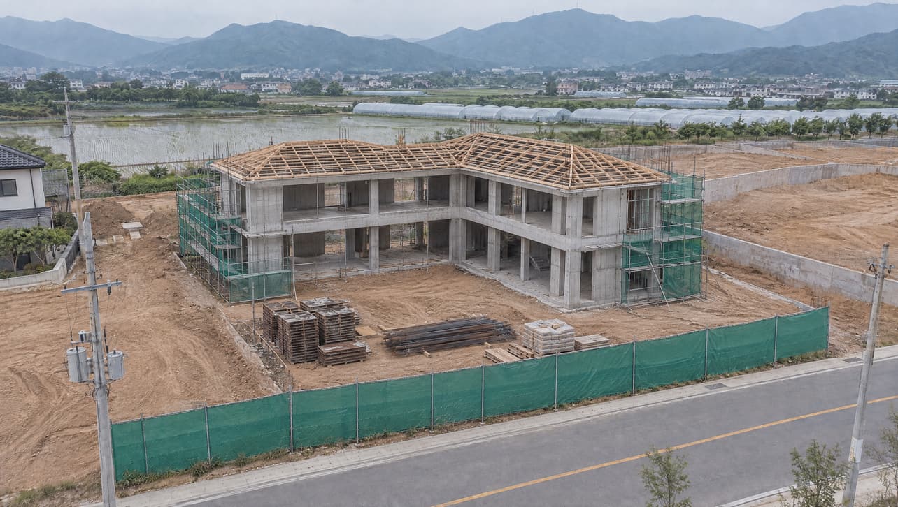 뼈대 단계의 주택 공사 현장