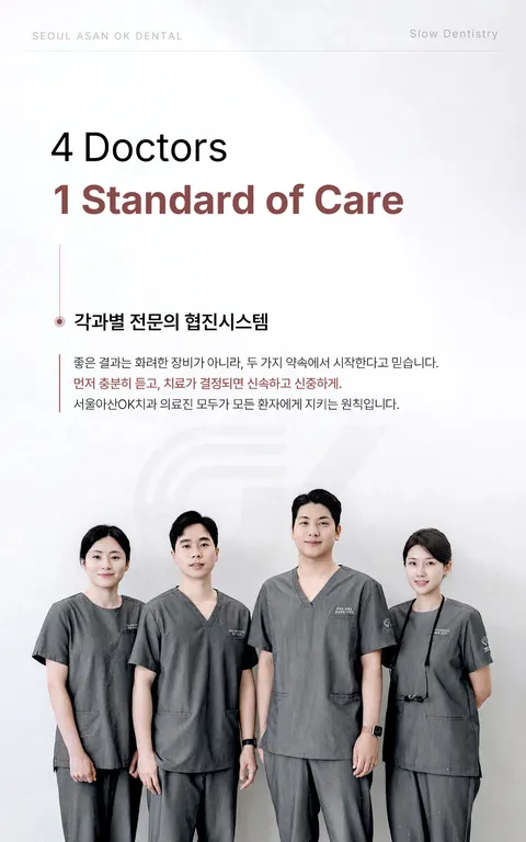 서울아산OK치과 원내 LED 화면 — 4 Doctors, 1 Standard of Care, 각과별 전문의 협진시스템과 의료진 네 명의 단체 사진