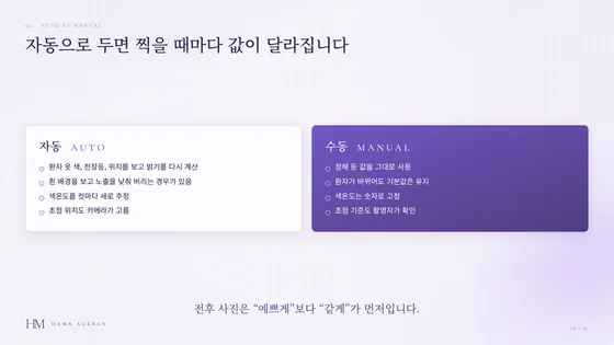 촬영 표준화 강의 자료 — 자동과 수동 설정을 나란히 비교한 표